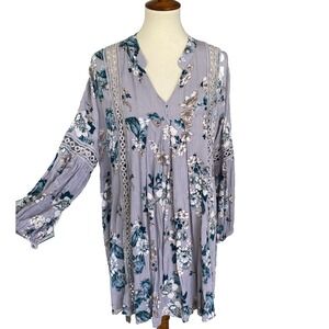 R.Vivimos Women L Dress Midi Boho Long Sleeve Floral V-Neck Crocheted Bohemian